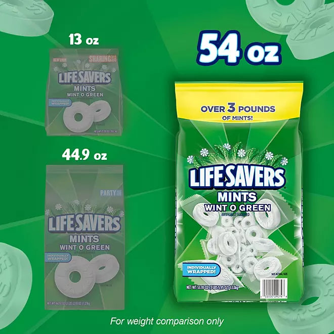 "Three packs of Life Savers Wint-O-Green Mints in different sizes: 13 oz, 54 oz, and 54.9 oz."