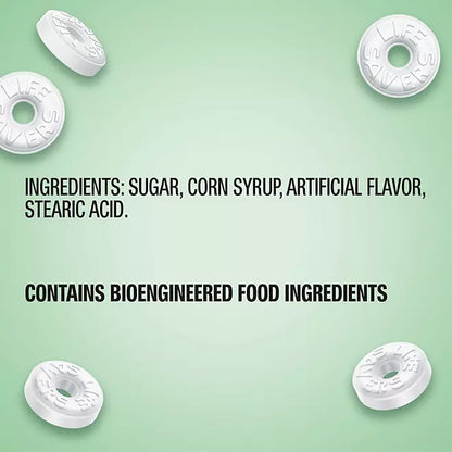 "Ingredients list for Life Savers Wint-O-Green Mints including sugar, corn syrup, artificial flavor, and a note on bioengineered ingredients."