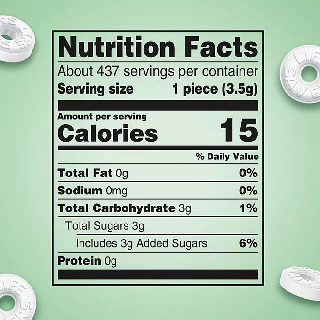 "Nutrition facts label for Life Savers Wint-O-Green Mints showing 15 calories per piece and 3g of added sugars."