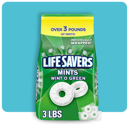 "Front of Life Savers Wint-O-Green Mints 3 lbs bulk bag showing individually wrapped mint candies.