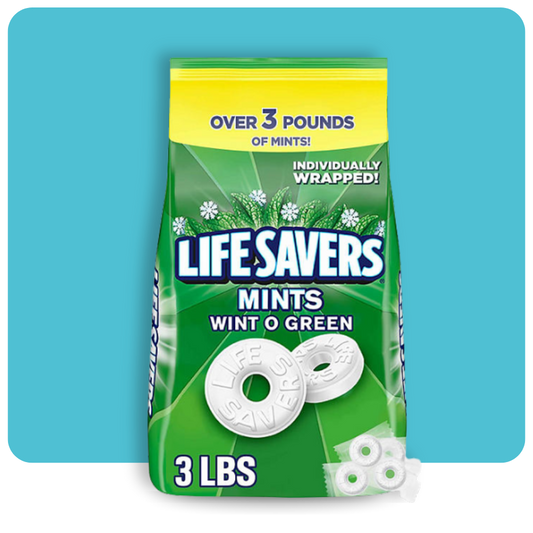 "Front of Life Savers Wint-O-Green Mints 3 lbs bulk bag showing individually wrapped mint candies.