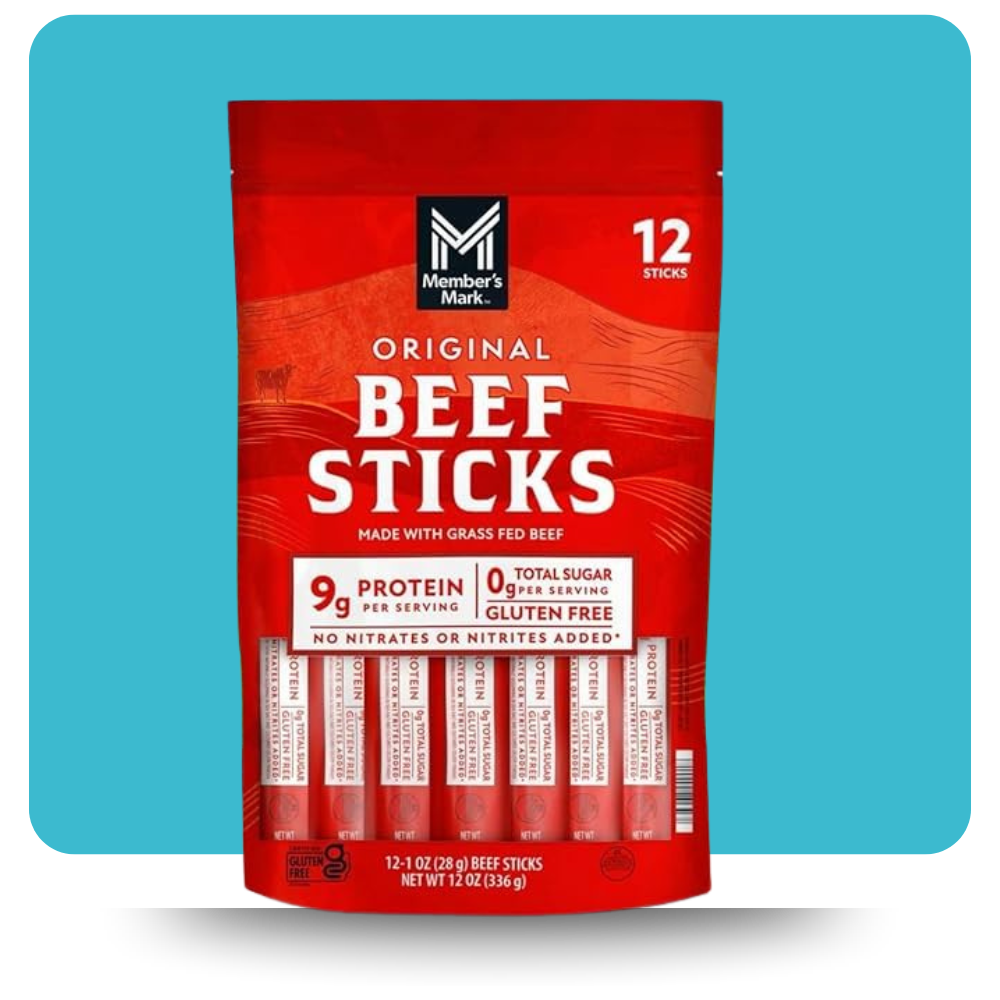 Front view of Member's Mark Original Beef Sticks 12-pack pouch, highlighting 9g protein, gluten-free, and grass-fed beef features.

