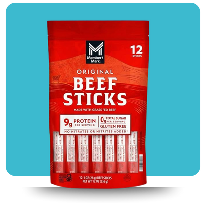 Front view of Member's Mark Original Beef Sticks 12-pack pouch, highlighting 9g protein, gluten-free, and grass-fed beef features.


