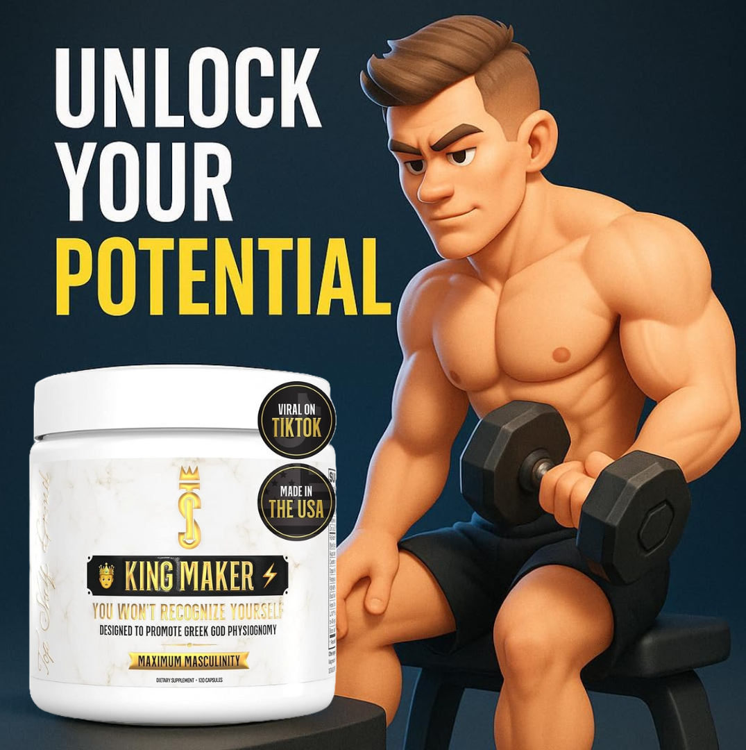 Animated muscular man lifting dumbbells beside Elura Health King Maker supplement with "Unlock Your Potential" message.


