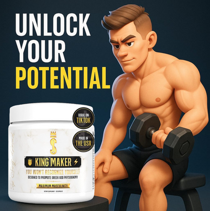 Animated muscular man lifting dumbbells beside Elura Health King Maker supplement with "Unlock Your Potential" message.

