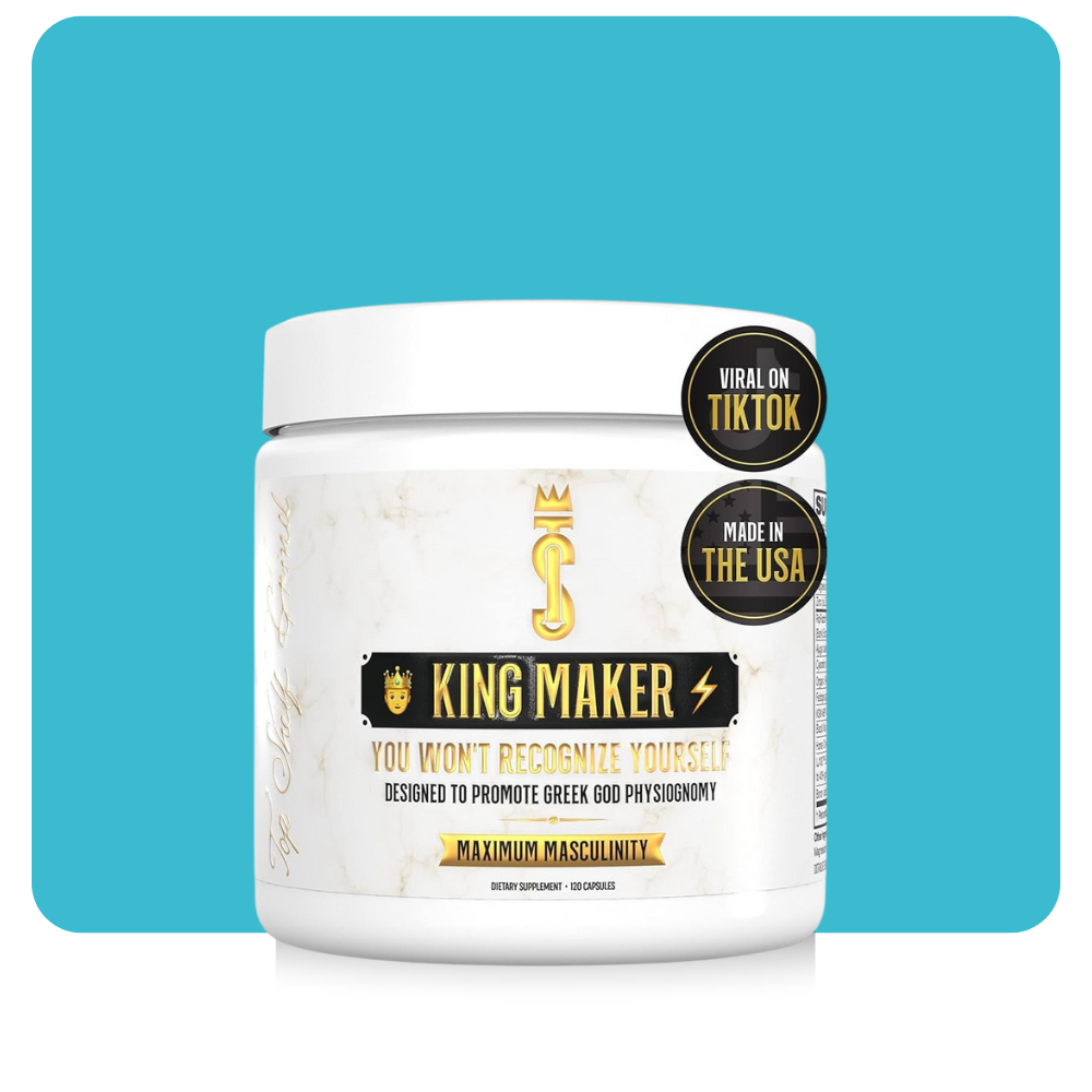Front label of Elura Health King Maker men's multivitamin bottle promoting maximum masculinity and viral on TikTok.

