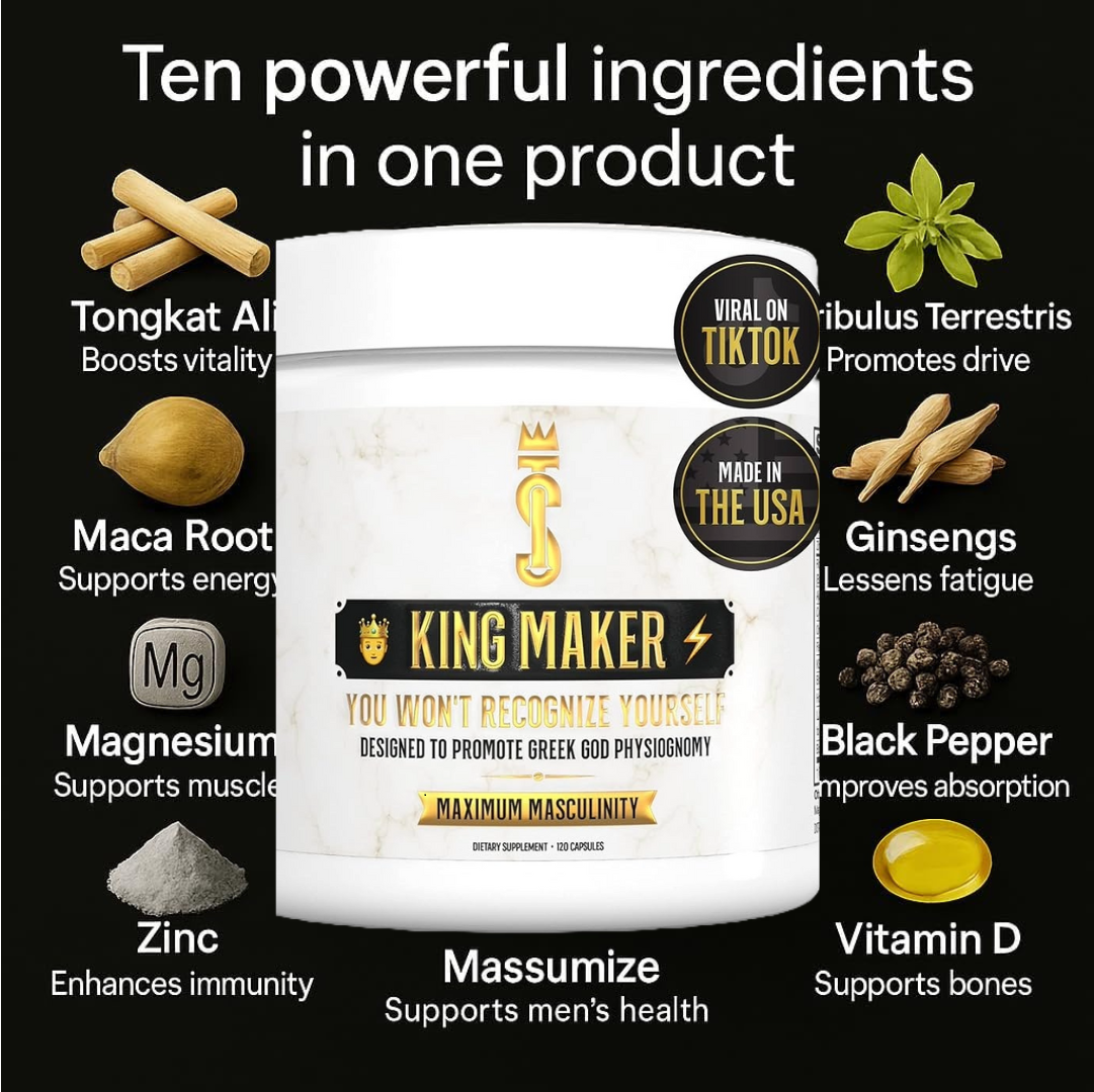 Elura Health King Maker supplement surrounded by ten key ingredients like Tongkat Ali, Maca, Zinc, and Vitamin D for men’s vitality and performance.

