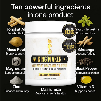 Elura Health King Maker supplement surrounded by ten key ingredients like Tongkat Ali, Maca, Zinc, and Vitamin D for men’s vitality and performance.

