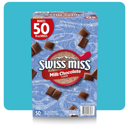 Swiss Miss Milk Chocolate Hot Cocoa Mix 50-count box with chocolate pieces and blue swirl background


