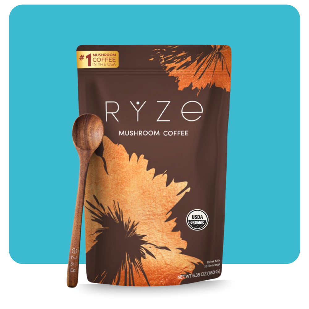 Front view of Ryze Organic Mushroom Coffee bag with wooden spoon – USDA Organic adaptogenic coffee blend