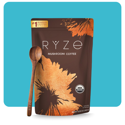 Front view of Ryze Organic Mushroom Coffee bag with wooden spoon – USDA Organic adaptogenic coffee blend