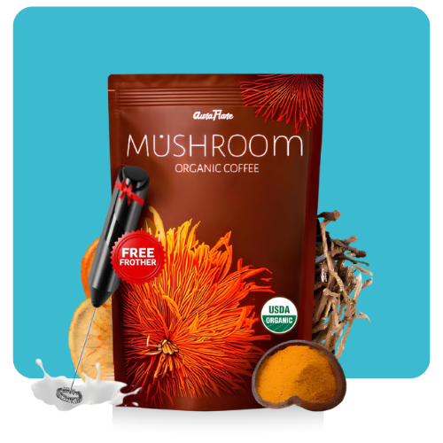 AuraFlare Organic Mushroom Coffee blend with adaptogens for energy, focus, and immune support