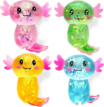 Four glitter axolotl squishy toys pastel rainbow colors smiling faces
