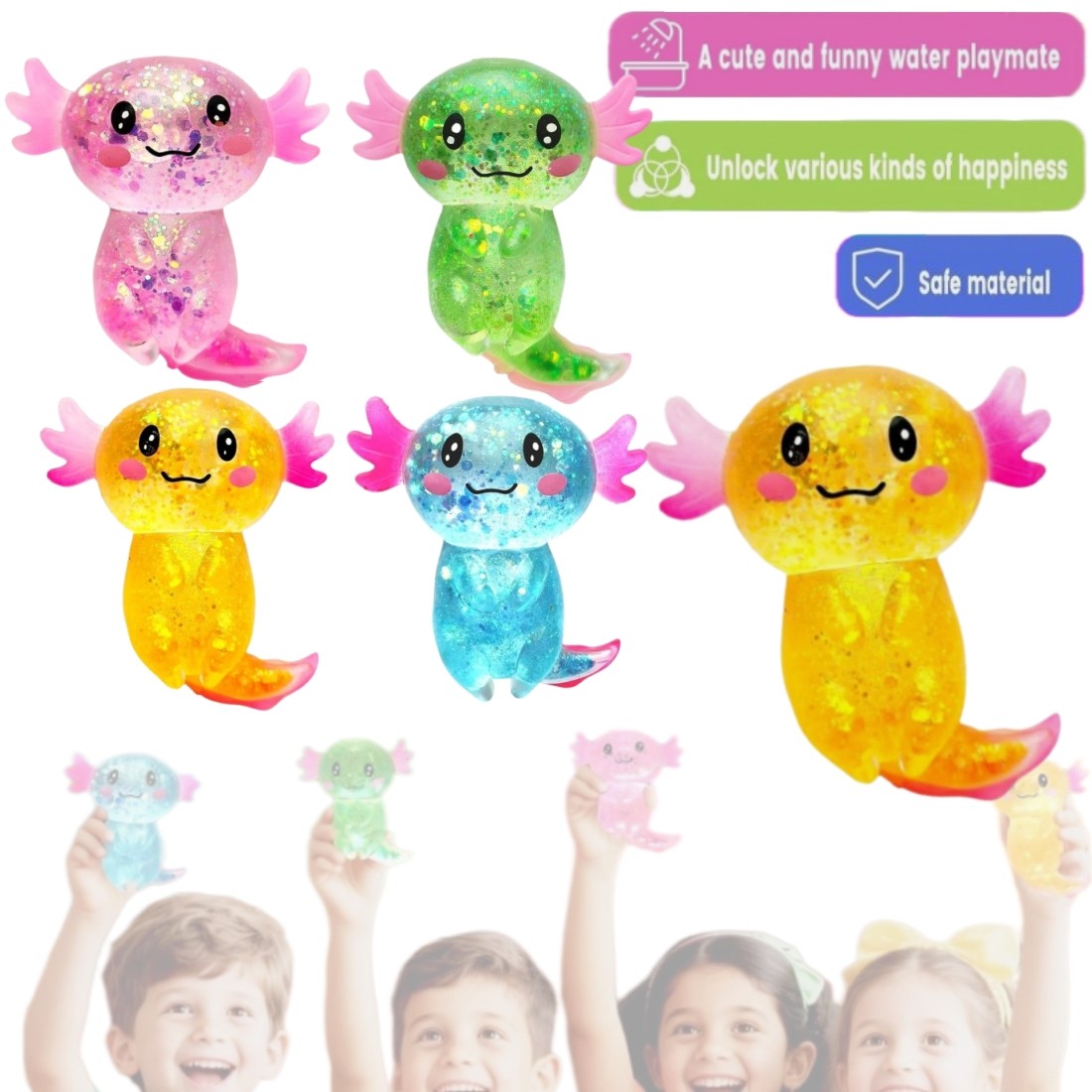 Blue glitter axolotl salamander squishy stress relief toy front view