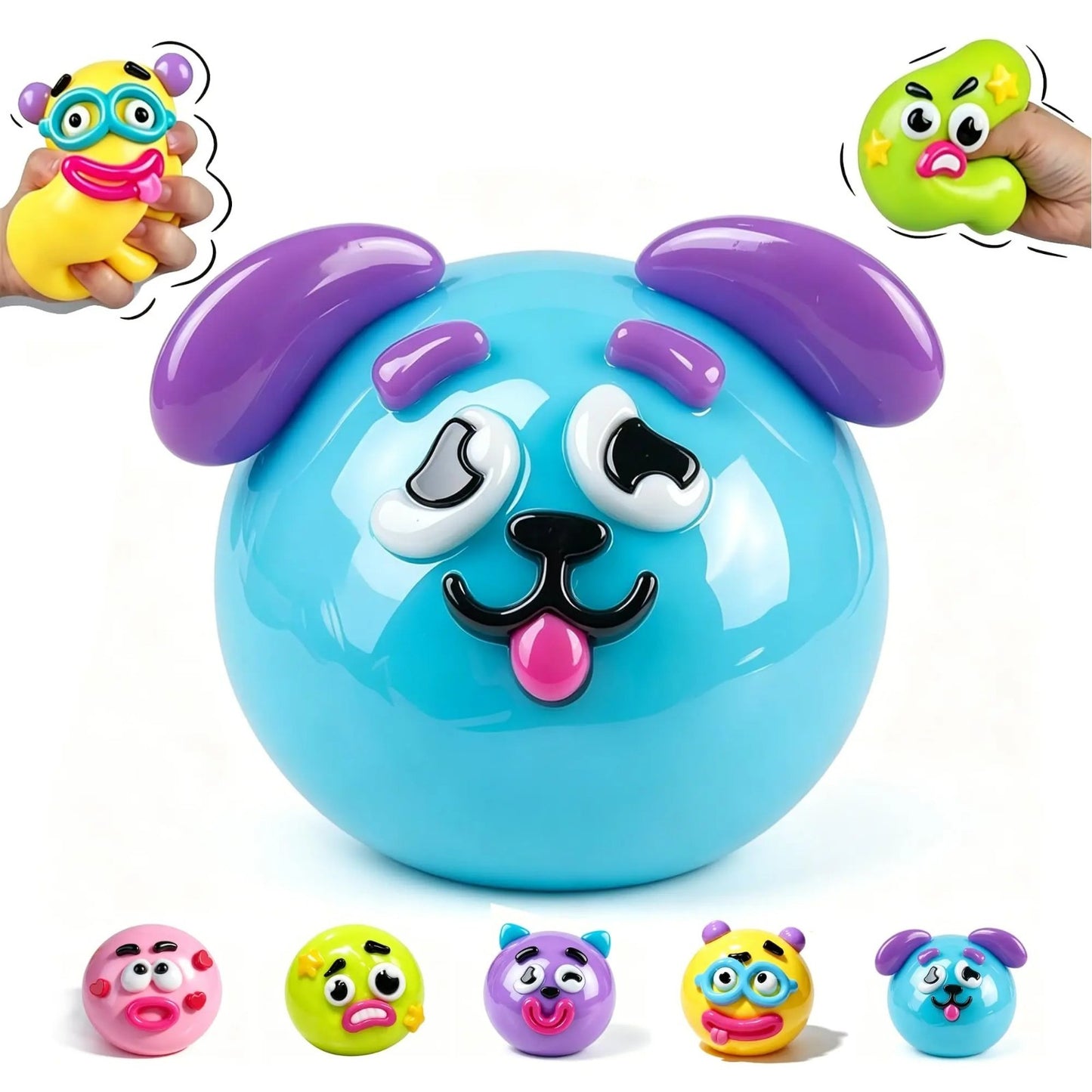 Dog face swap squishy toy showing changeable expressions side view