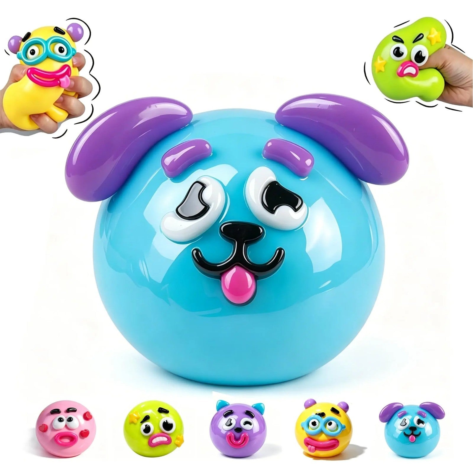 Dog face swap squishy toy showing changeable expressions side view