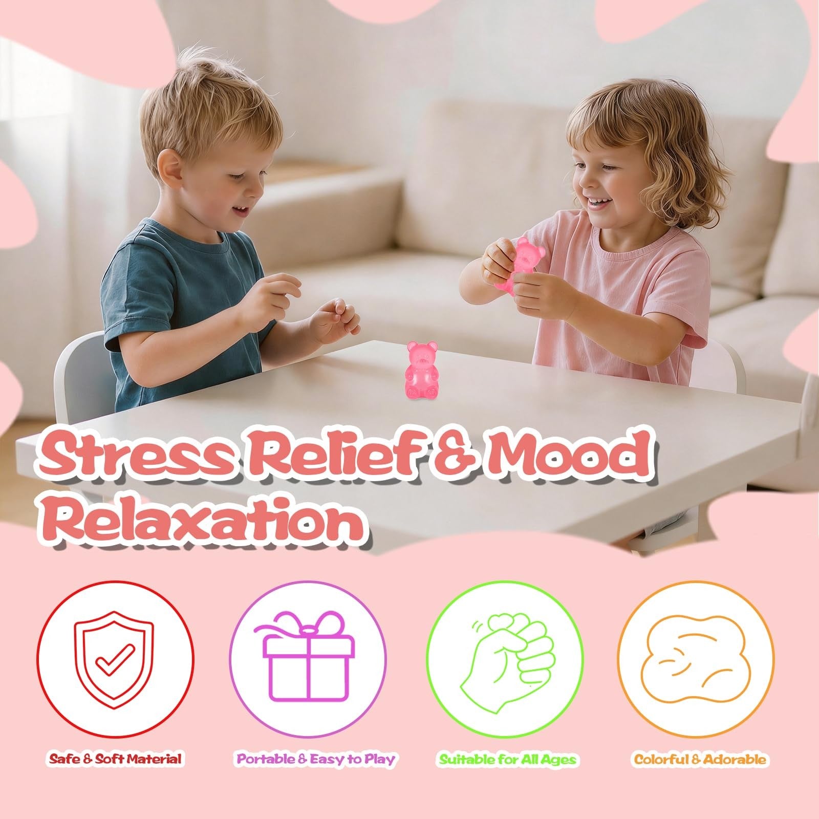 Children playing with bear squishy toy stress relief and relaxation
