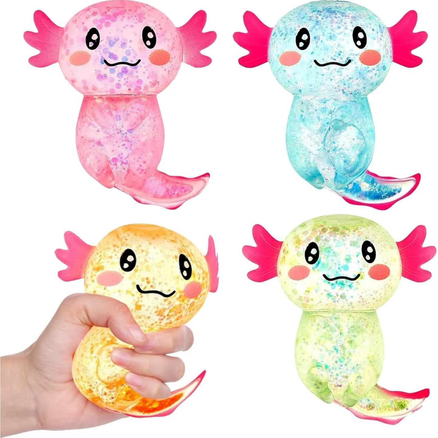 Colorful axolotl squishy stress toys held in hand showing squeeze texture
