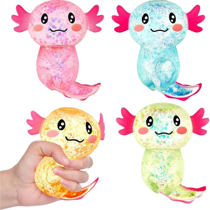 Colorful axolotl squishy stress toys held in hand showing squeeze texture