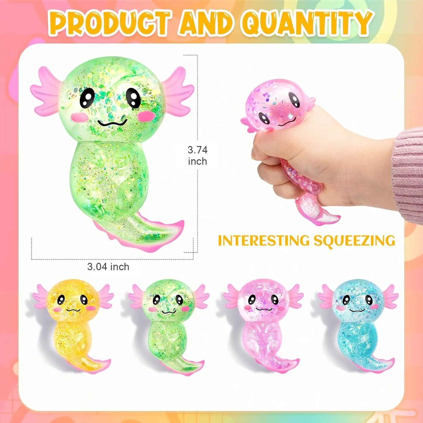 Axolotl salamander squishy toy size dimensions sparkling glitter detail
