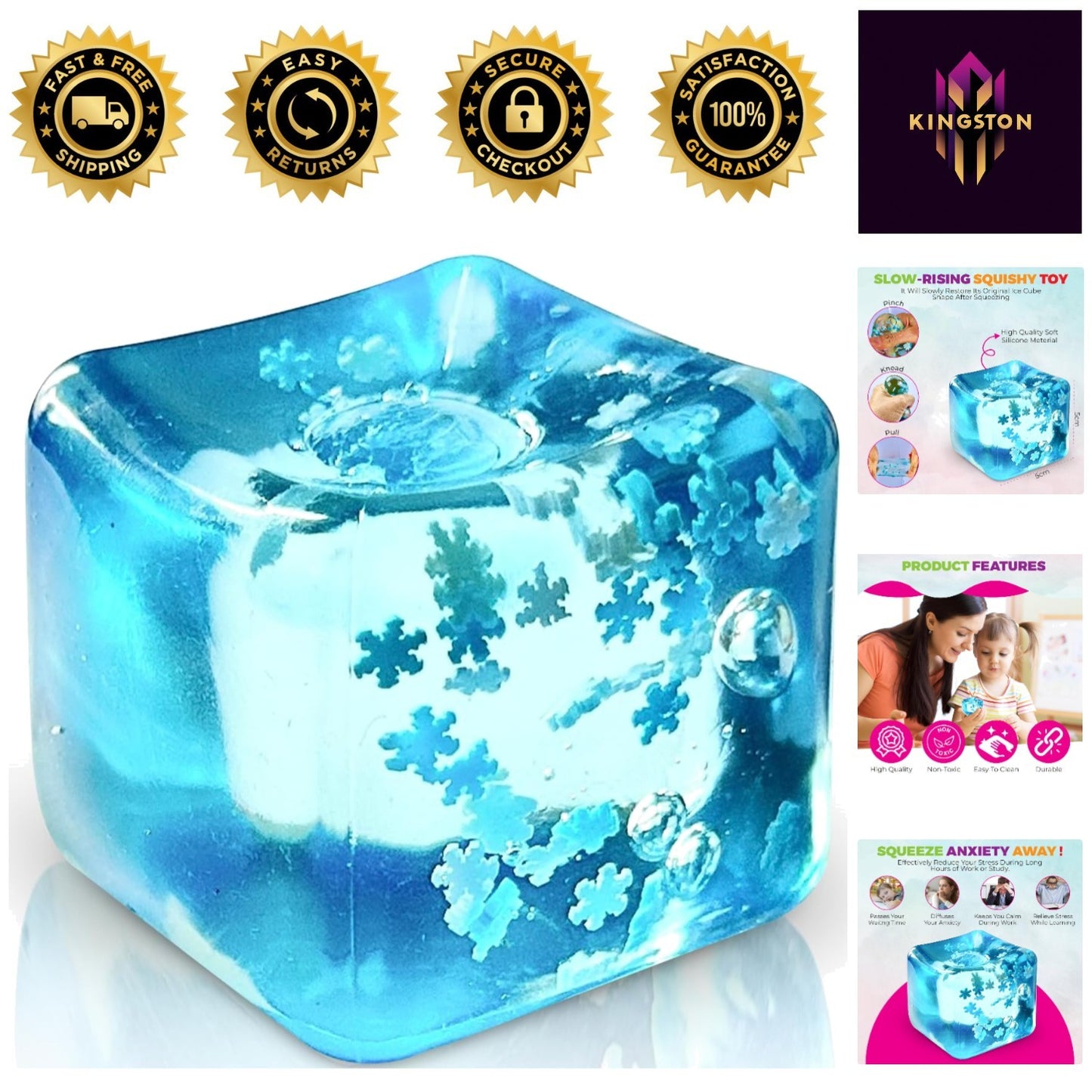 Blue snowflake ice cube squishy stress ball fidget toy front view