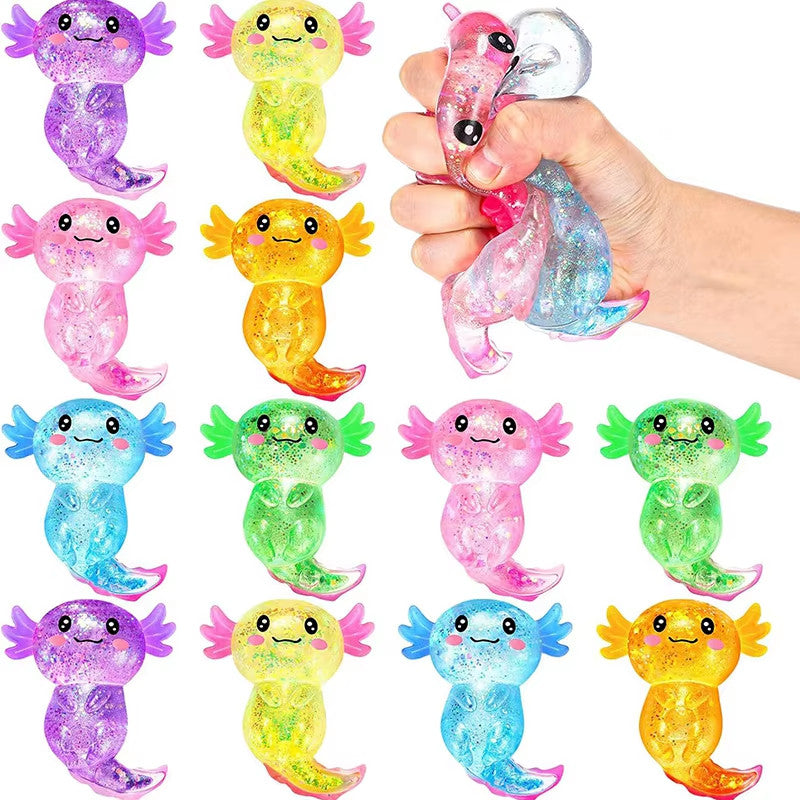 Glitter axolotl squishy toys multiple colors blue pink collection