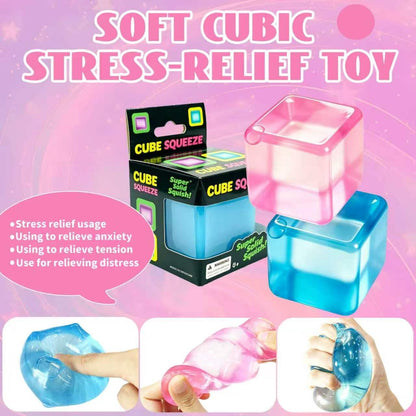 Ice cube squishy stress cube squeeze showing slow rise rebound