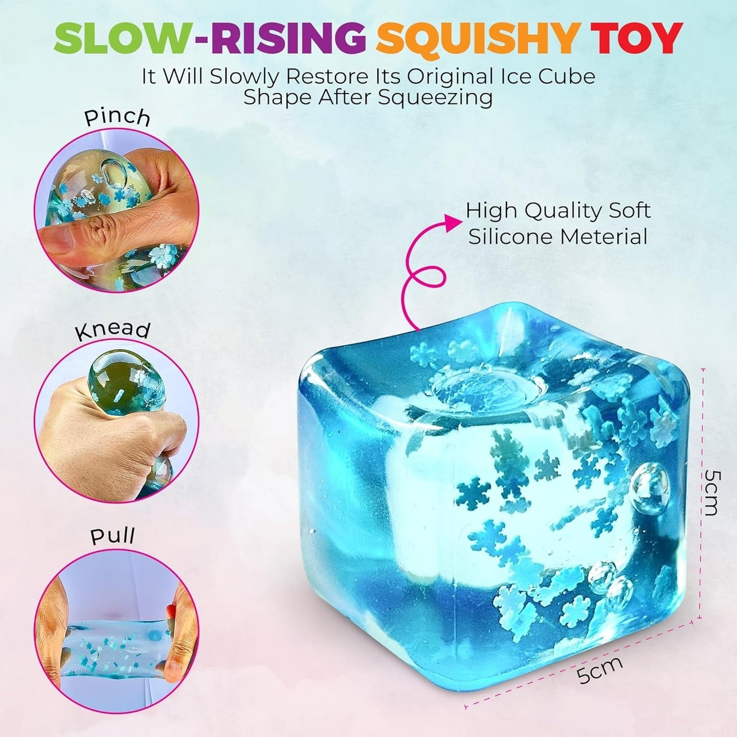 Snowflake ice cube squishy transparent blue calming stress relief toy