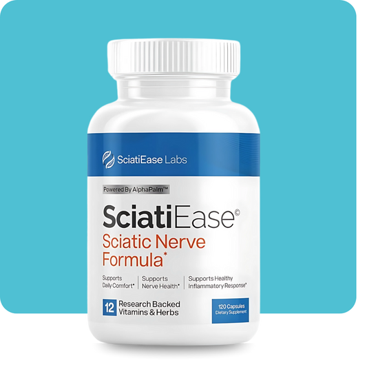 Front label of SciatiEase Sciatic Nerve Formula bottle showing key benefits and 120-capsule count.

