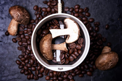 "Shiitake mushroom and coffee bean blend in grinder for organic mushroom coffee"