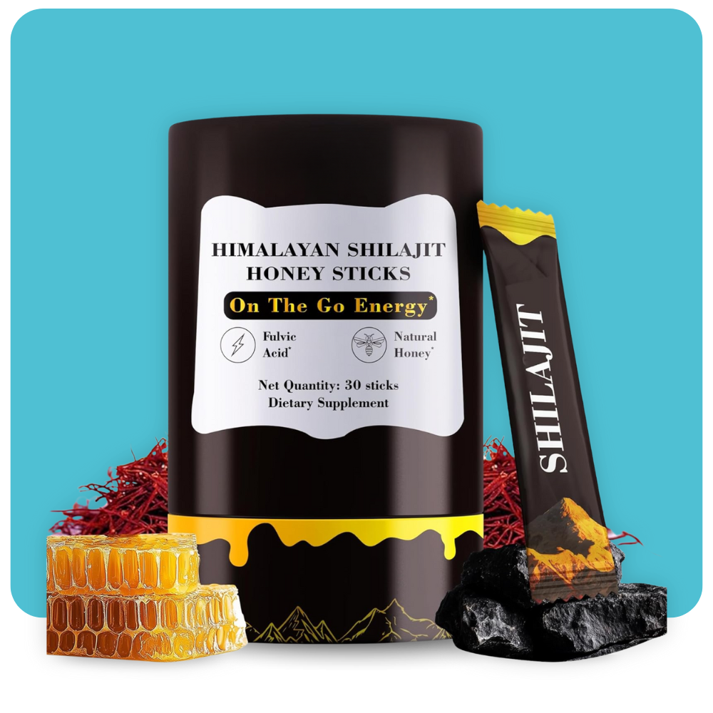 Himalayan Shilajit Honey Sticks container with raw honeycomb, saffron, and shilajit resin pieces – energy supplement packaging

