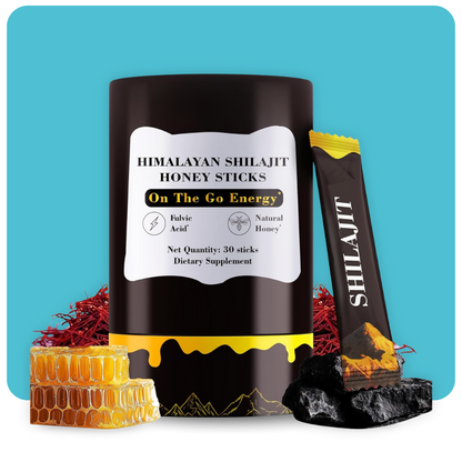 Himalayan Shilajit Honey Sticks container with raw honeycomb, saffron, and shilajit resin pieces – energy supplement packaging

