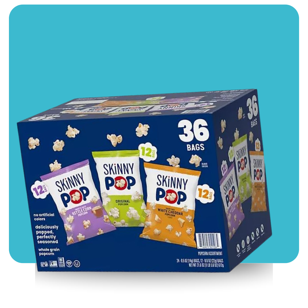SkinnyPop Popcorn Variety Pack 36-Count Box featuring Original, Sweet & Salty Kettle Corn, and Dairy-Free White Cheddar flavors

