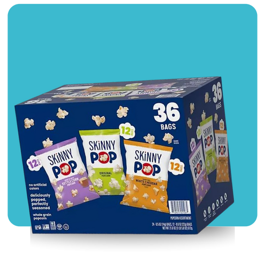 SkinnyPop Popcorn Variety Pack 36-Count Box featuring Original, Sweet & Salty Kettle Corn, and Dairy-Free White Cheddar flavors

