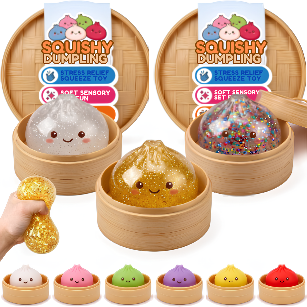 2pcs Dumpling Squishy Mystery Box, Squishy Dumpling Soft Slow Rising Stress Relief Toy, Glitter Dumpling Surprise Squeeze Toy, Cute Squishy Pack Fidget Toy for Kids & Adults, 2Pcs