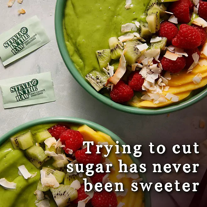 "Stevia In The Raw packets next to smoothie bowls with fruit and message about cutting sugar"