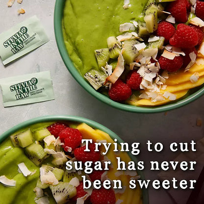 "Stevia In The Raw packets next to smoothie bowls with fruit and message about cutting sugar"
