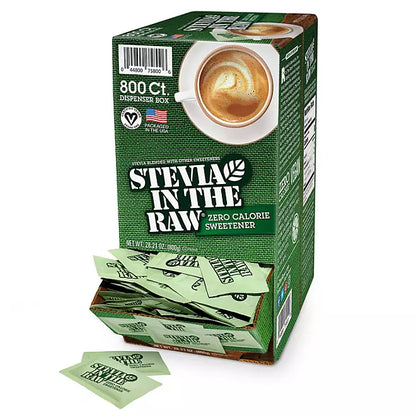 Stevia In The Raw 800ct zero-calorie sweetener box with coffee"