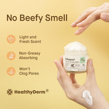 Hands applying whipped tallow honey balm with callouts highlighting its light scent, non-greasy absorption, and pore-friendly formula.

