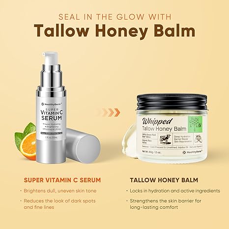 Tallow honey balm paired with vitamin C serum in a skincare routine, highlighting benefits like hydration, brightening, and barrier repair for glowing skin.

