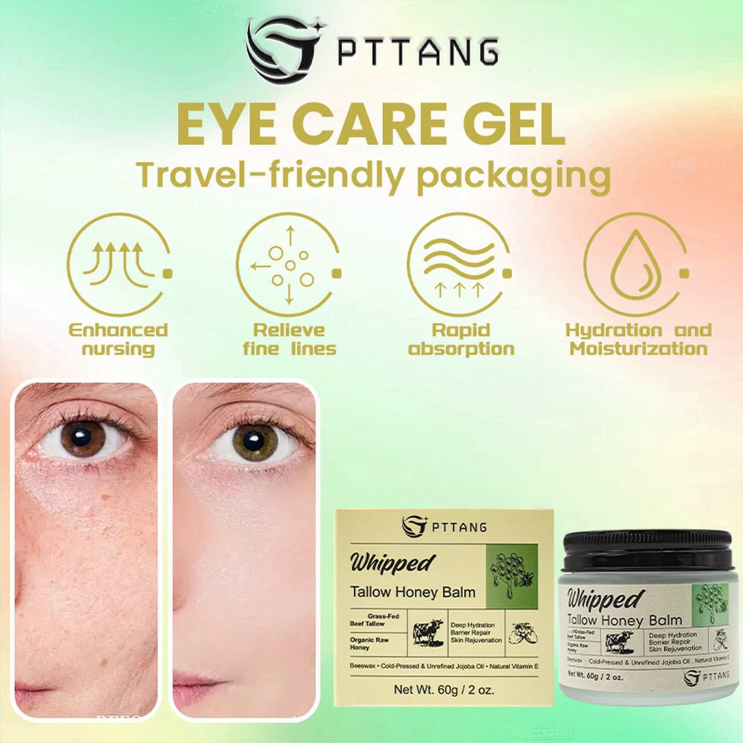 Promotional graphic showing before-and-after eye area results using whipped tallow honey balm, highlighting benefits like hydration, fine line relief, and rapid absorption.

