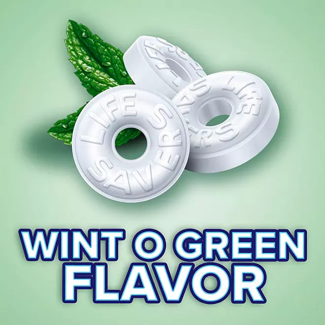 "Wint-O-Green flavor display with mint leaves and round white mints on a green and white background."